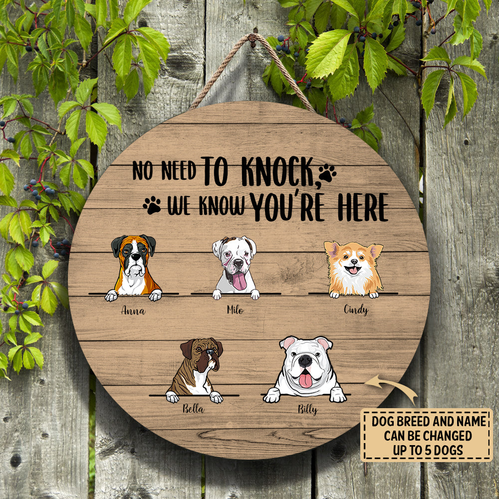 Cute Dog, No need to Knock We Know You Are Here Round Personalized Wood Sign bannerwoodsign.jpg?v=1618286040