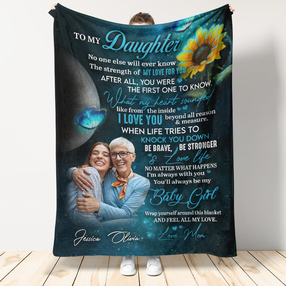 To My Daughter Sunflower Blue Butterfly Mom Fleece Blanket Home Decor Bedding Couch Sofa Soft And Comfy Cozy