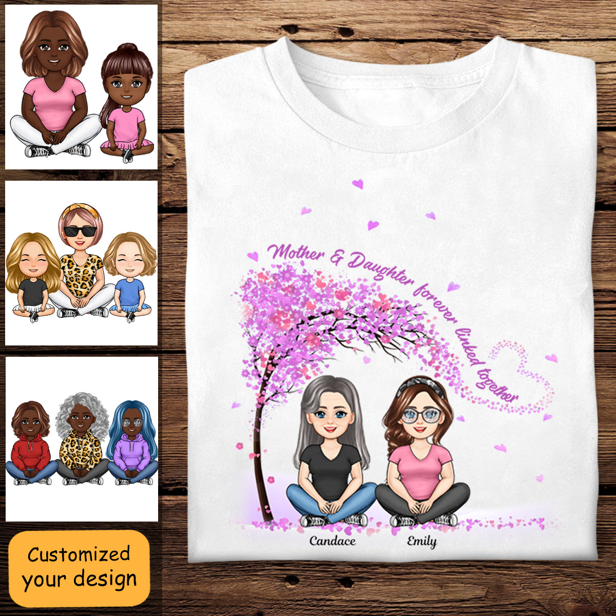 Mom And Daughters Sitting Under Purple Tree - Personalized Apprael - Mother's Day, Gift For Mother