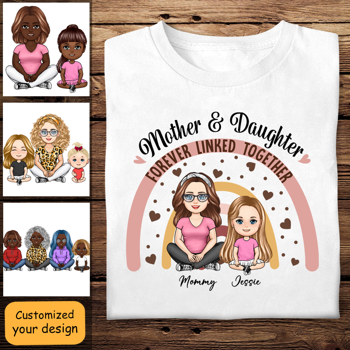 Mother Daughter Forever Linked Together Watercolor Style Women Floral Rainbow - Personalized Apprael - Gift For Mother