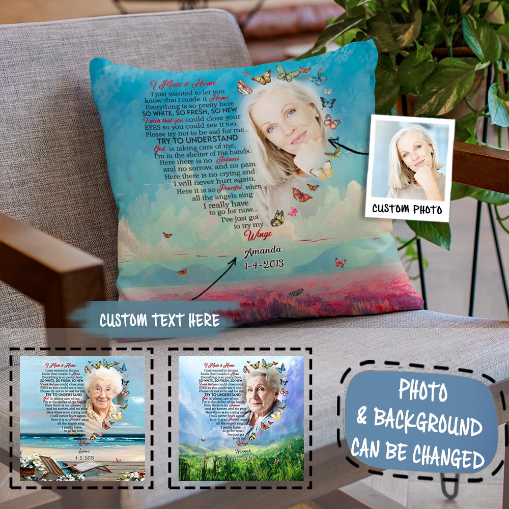 Heart Shaped Butterfly I Made It Home - Personalized Photo Pillow - Memorial Gift For Mom