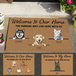 Cute Dog And Naive Cat, Welcome To My Home The Humans Just Live Here With Me For Pet Lovers Personalized Doormat HQ cutedogandnaivecatdoormat.jpg?v=1625046731
