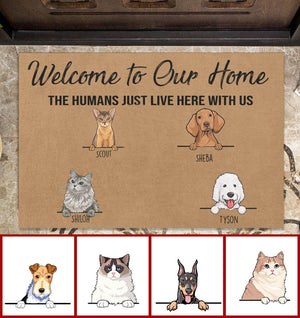 Cute Dog And Naive Cat, Welcome To My Home The Humans Just Live Here With Me For Pet Lovers Personalized Doormat HQ doormat1.jpg?v=1625046731