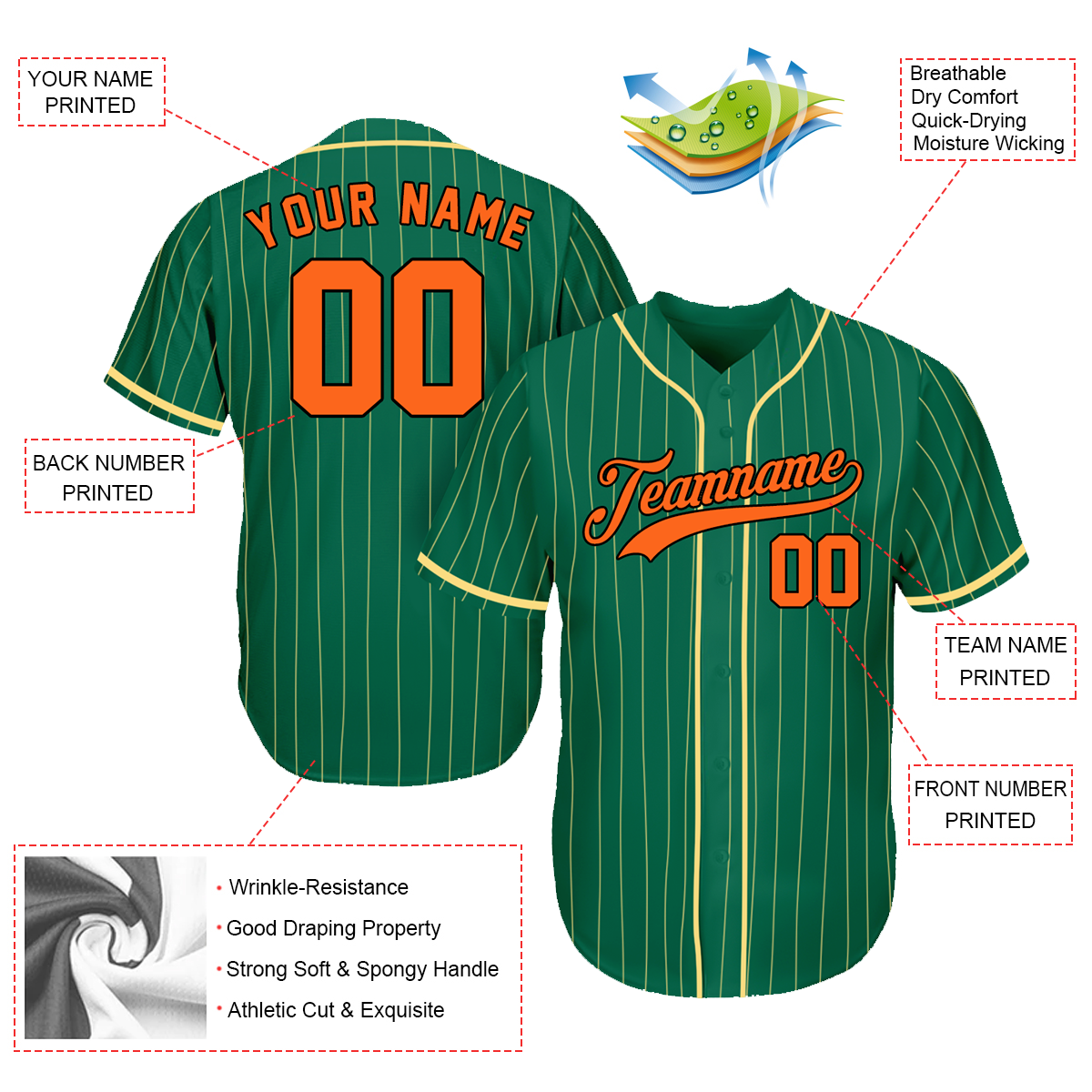 Personalized Baseball Jerseys - Unique Gifts For Baseball Fans - Pinstripe Green Yellow Orange - Fathers Day Baseball Gifts