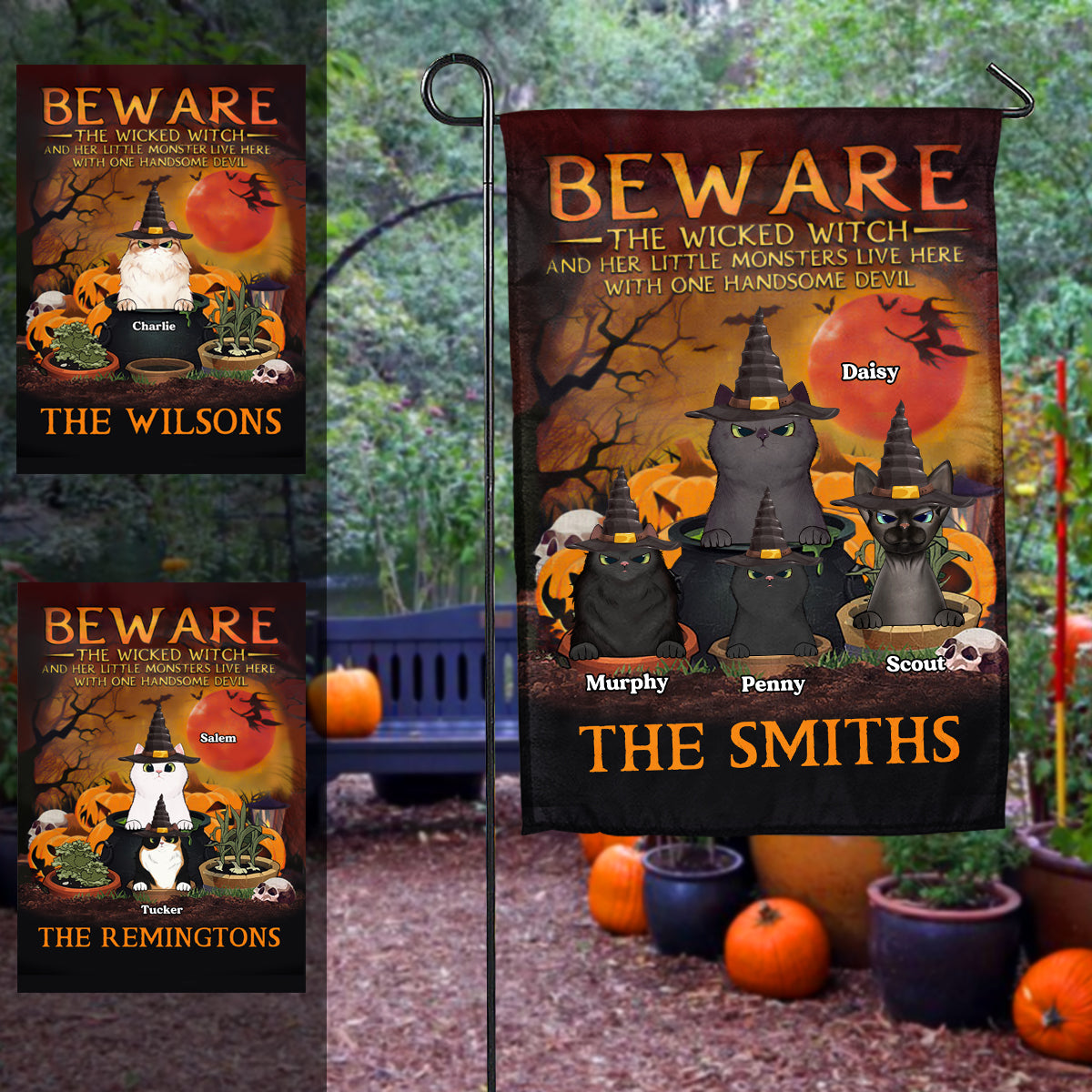 Witty Cat, A Wicked Witch And Her Little Monster Live Here With One Handsome Devil Personalized Flag garden_flag_banner.jpg?v=1627976251