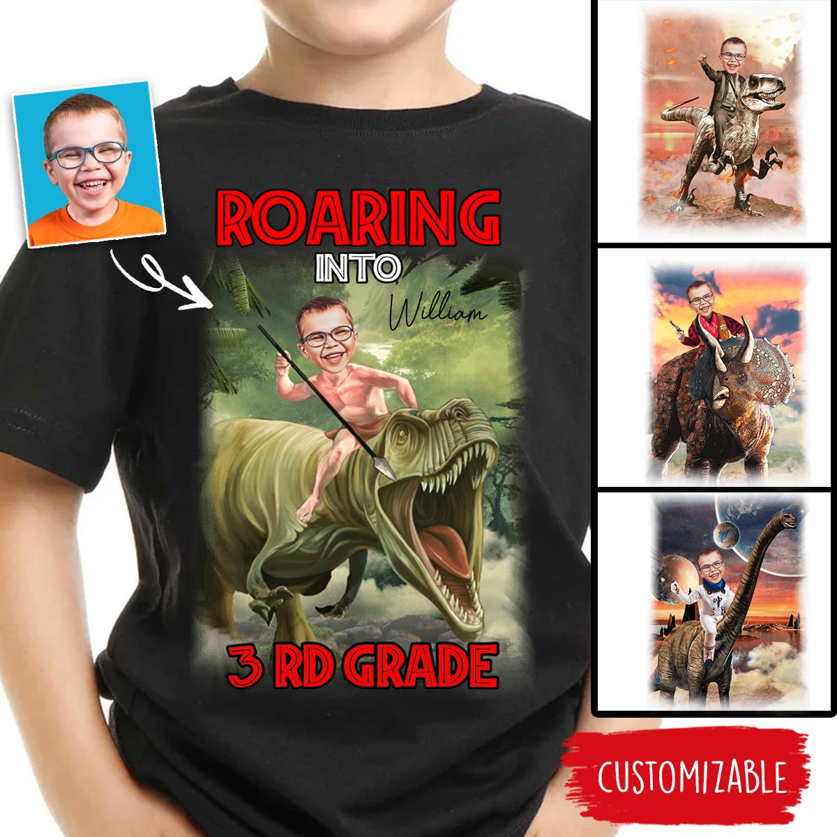 Ride on a Dinosaur Custom Photo Personalized Standard Youth T-Shirt