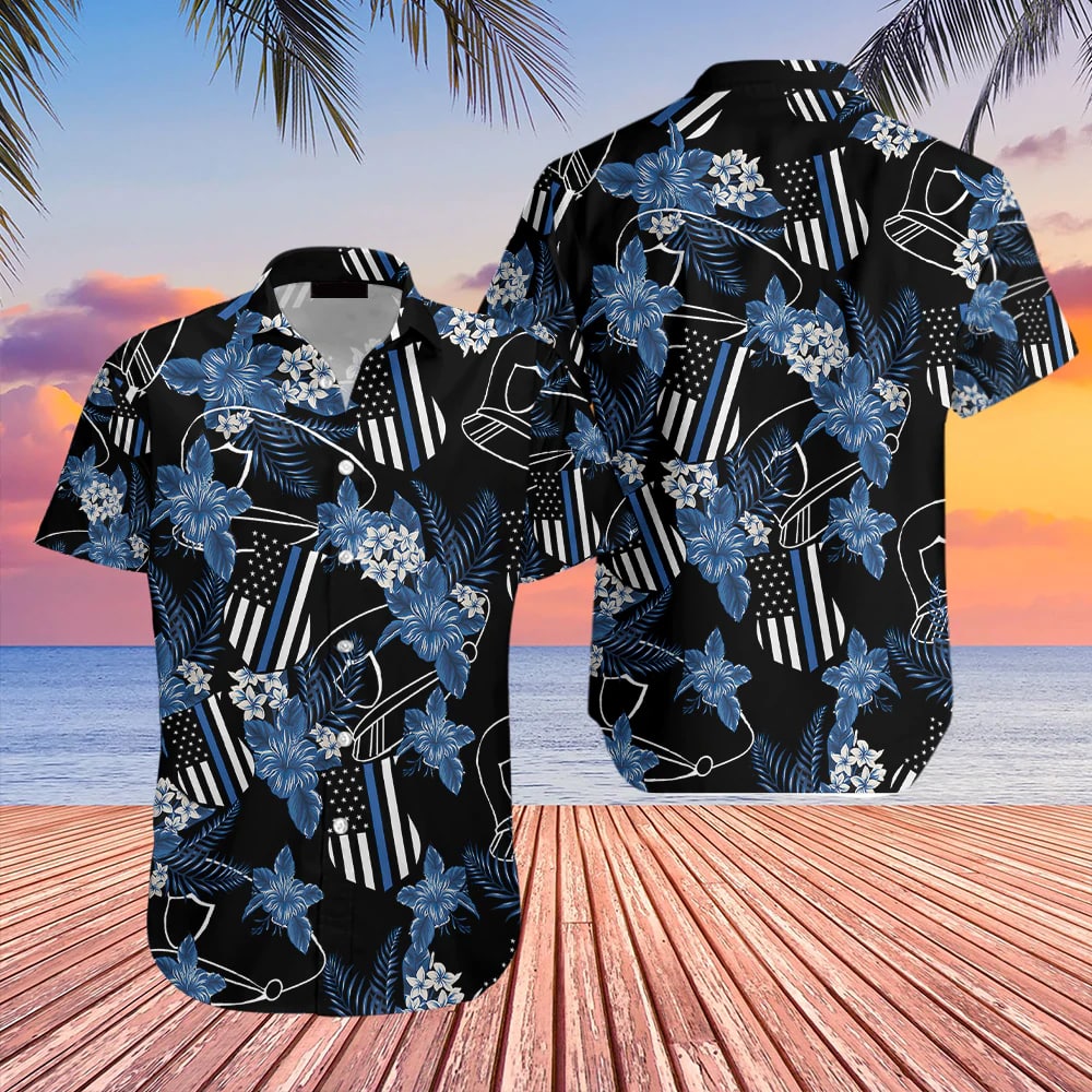 Blue Hibiscus Policeman All Over Print Hawaiian Shirt - Police